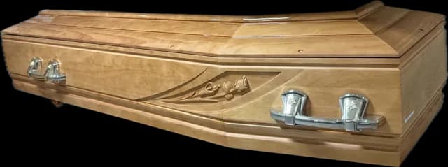 Cercueil à décor de feuillage sculpté, poignées chromées, autre prise de vue
