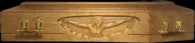 Cercueil orné d'un Christ sculpté, poignées dorées